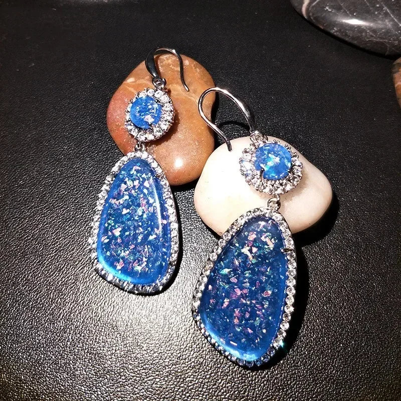 Water Drop Simulated Opal Dangle Earrings – Blue Crystal Dangle Earrings Nixie