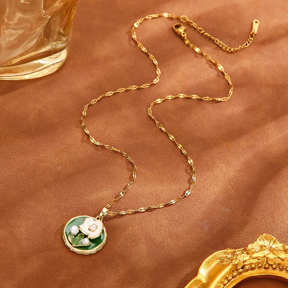 French Monet Garden Green Flower Necklace | Pearl & Gold Floral Pendant Necklace Nixie