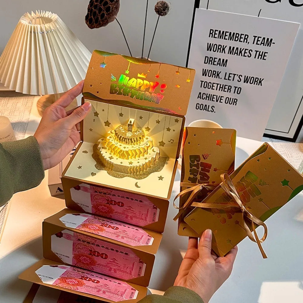 3D Pop-Up Birthday Card with LED Light & 6 Cash Gift Slots Pop-Up Greeting Card Nixie Gold without Music Light