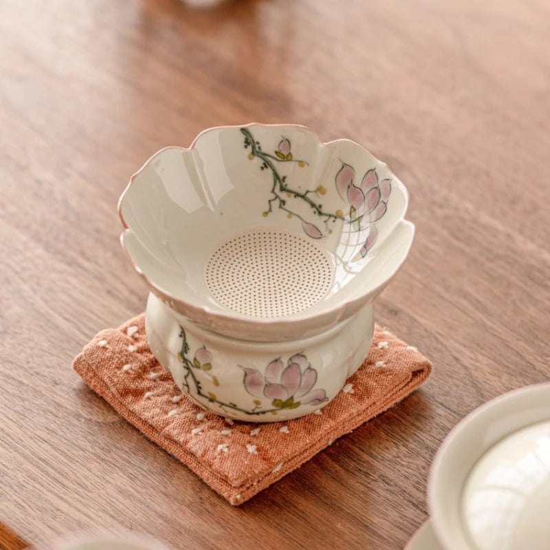 Hand-Drawn Ceramic Magnolia Tea Filter | Kung Fu Tea Set