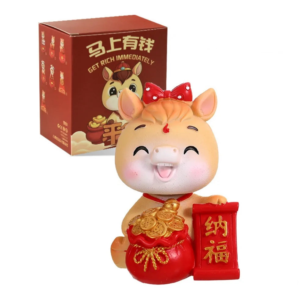 Cartoon Horse Chinese New Year Resin Figurine Gold Red Lucky Charm