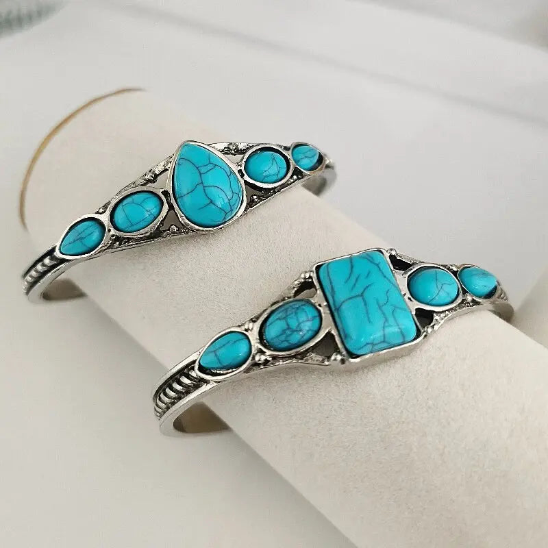 Retro Turquoise Carved Hollow Cuff Bracelet | Adjustable