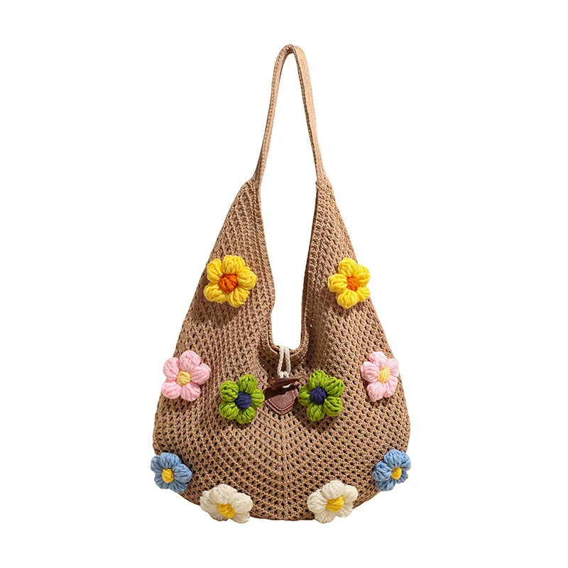 Floral Knit Tote Bag – Large Capacity Beach Shoulder Bag Knit Tote Bag Nixie Khaki