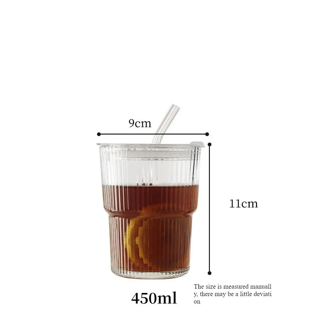 450ml Fluted Glass Cup with Lid & Straw – Lead-Free Set Glass Drinkware Set Nixie