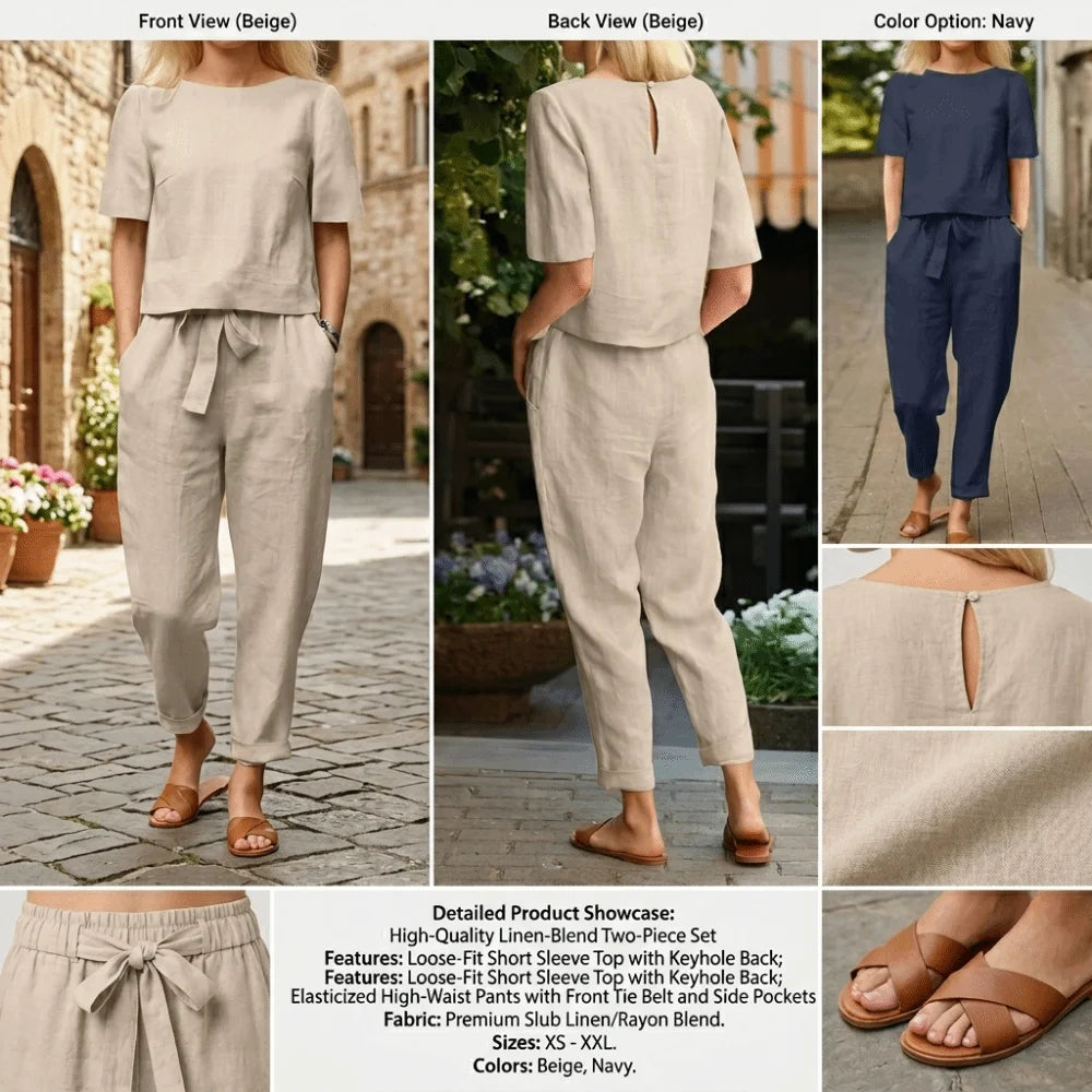 Women's Cotton Linen Two-Piece Wide-Leg Suit | Summer Set Women's Two-Piece Set Nixie