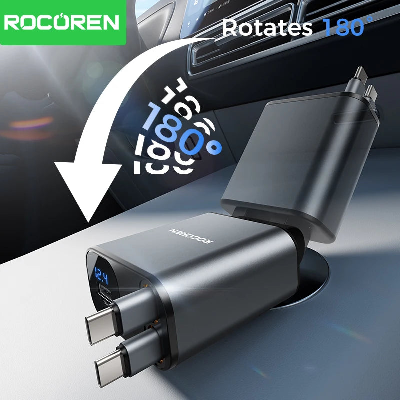 Rocoren 4-in-1 PD 30W Car Charger – Digital Display & Retractable