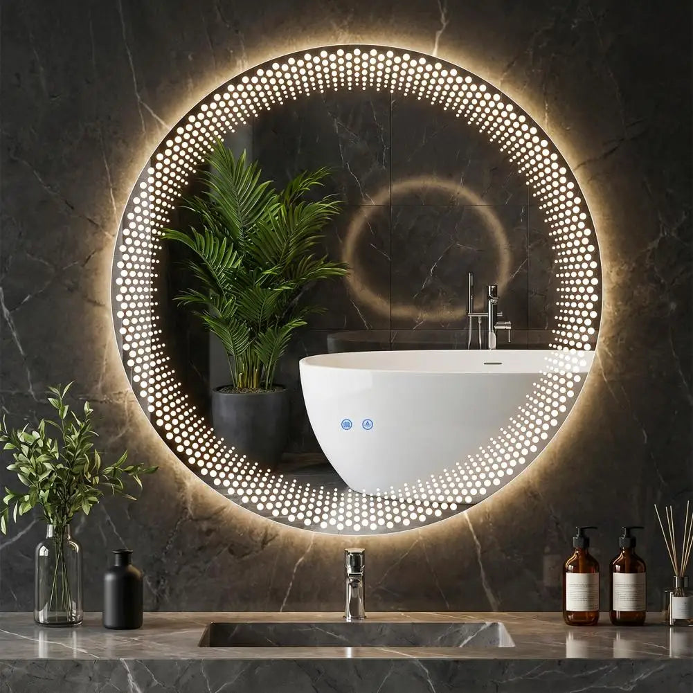 Round LED Bathroom Mirror – Anti-Fog, Dimmable, 3 Color Temps