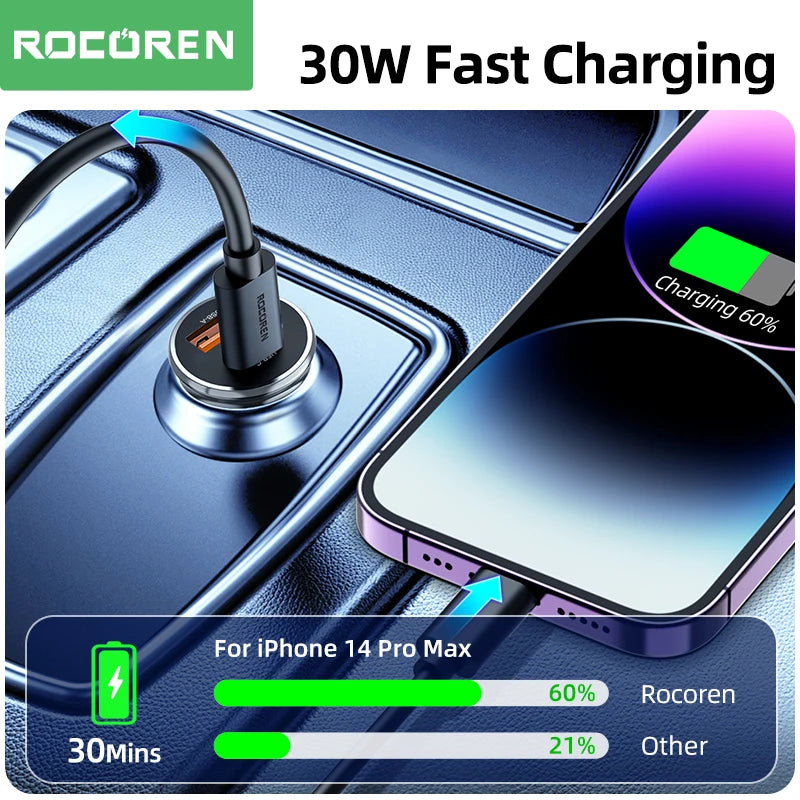 Rocoren 36W USB-C PD & QC 3.0 Dual-Port Car Charger Car Charger Adapter Nixie