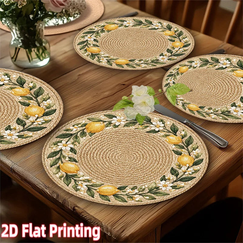 4-Piece Round Placemats Lemon Flower Rattan 15-Inch Polyester Decorative Placemats Nixie
