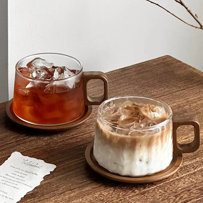 Vintage Glass Coffee Cup & Saucer Set 240ml | Wooden Handle