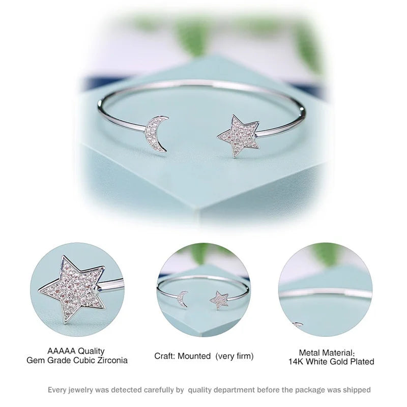 White Crystal Star Moon Adjustable Charm Bracelet | Silver
