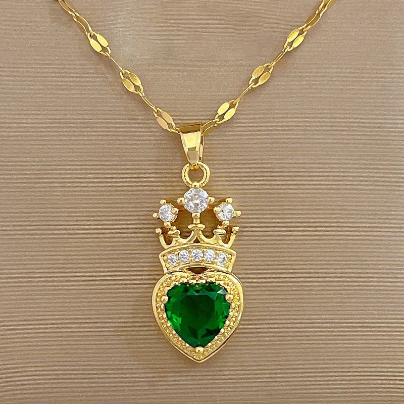 Diamond Crown Heart Pendant Necklace | Gold Stainless Steel Choker Pendant Necklace Nixie
