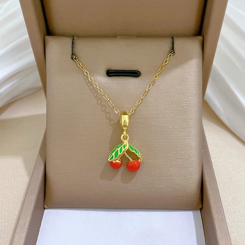 Green Leaf Cherry Pendant Choker Necklace | Stainless Steel Pendant Choker Necklace Nixie