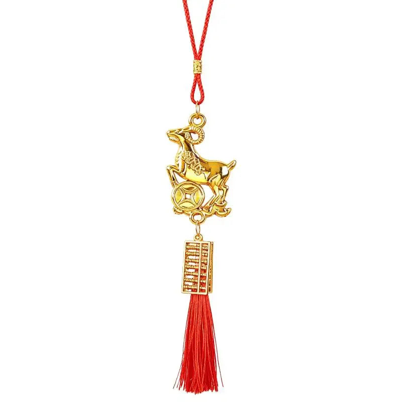 Golden Chinese Zodiac Goat Ornament with Red Tassel Lucky Charm