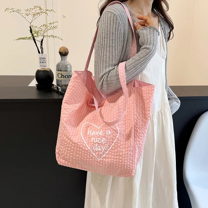 Double-Sided Plaid Polka Dot Canvas Tote Bag – Large Women's Shoulder Bag Canvas Tote Bag Nixie