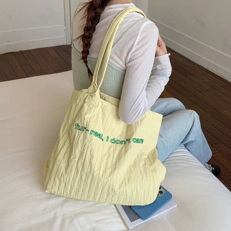 Pleated Letter Embroidery Tote Bag – Large Capacity Shoulder Bag Embroidery Tote Bag Nixie