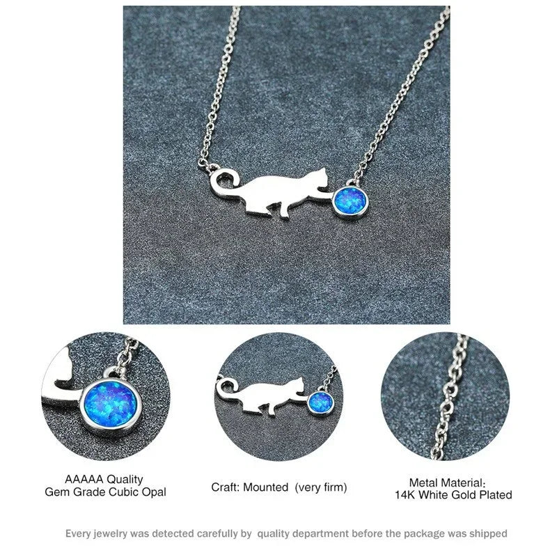 Blue Opal Cat Pendant Necklace – Silver Chain Women's Jewelry Pendant Necklace Nixie