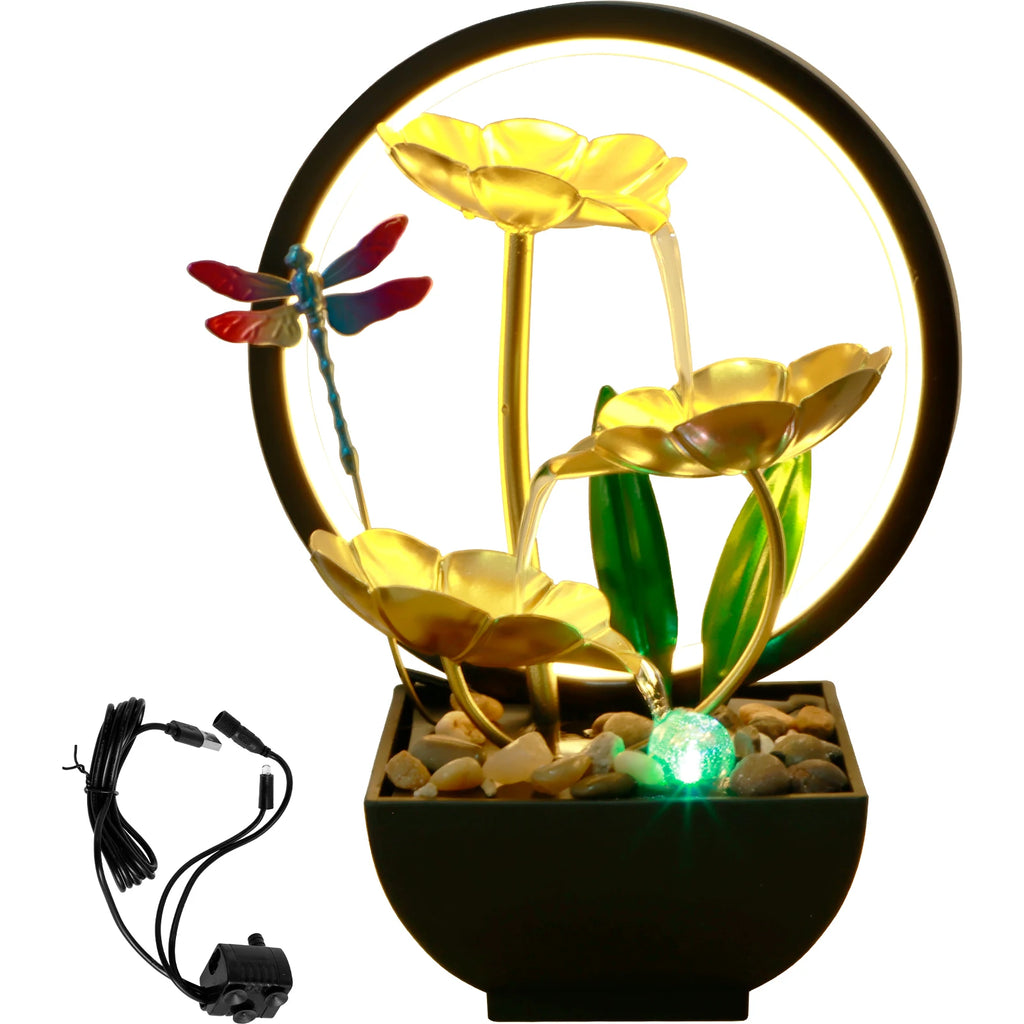 USB Tabletop Water Fountain with LED Ring Light – Zen Decor Tabletop Water Fountain Nixie dragonfly