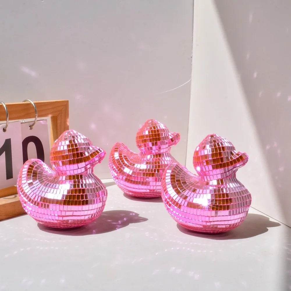 Disco Ball Mirror Duck Ornament – Silver, Gold & Pink Decor Novelty Desk Ornament Nixie