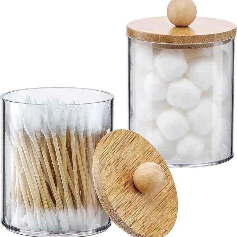 Cotton Swab Organizer Jar with Bamboo Lid | Clear & Dustproof