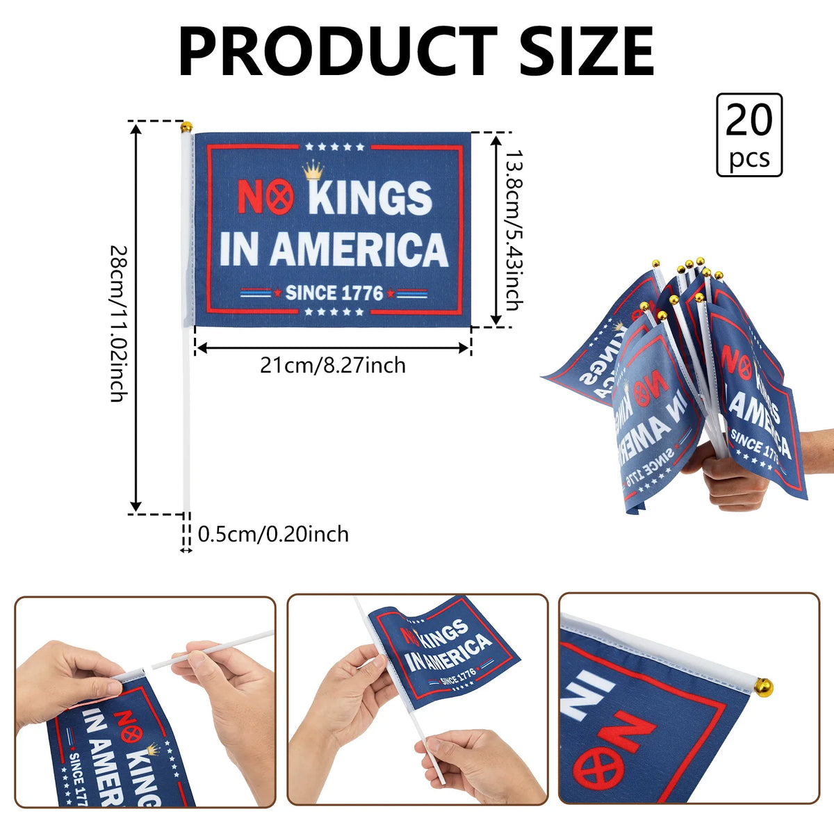 20Pcs No Kings In America 1776 Handheld Flags on Sticks