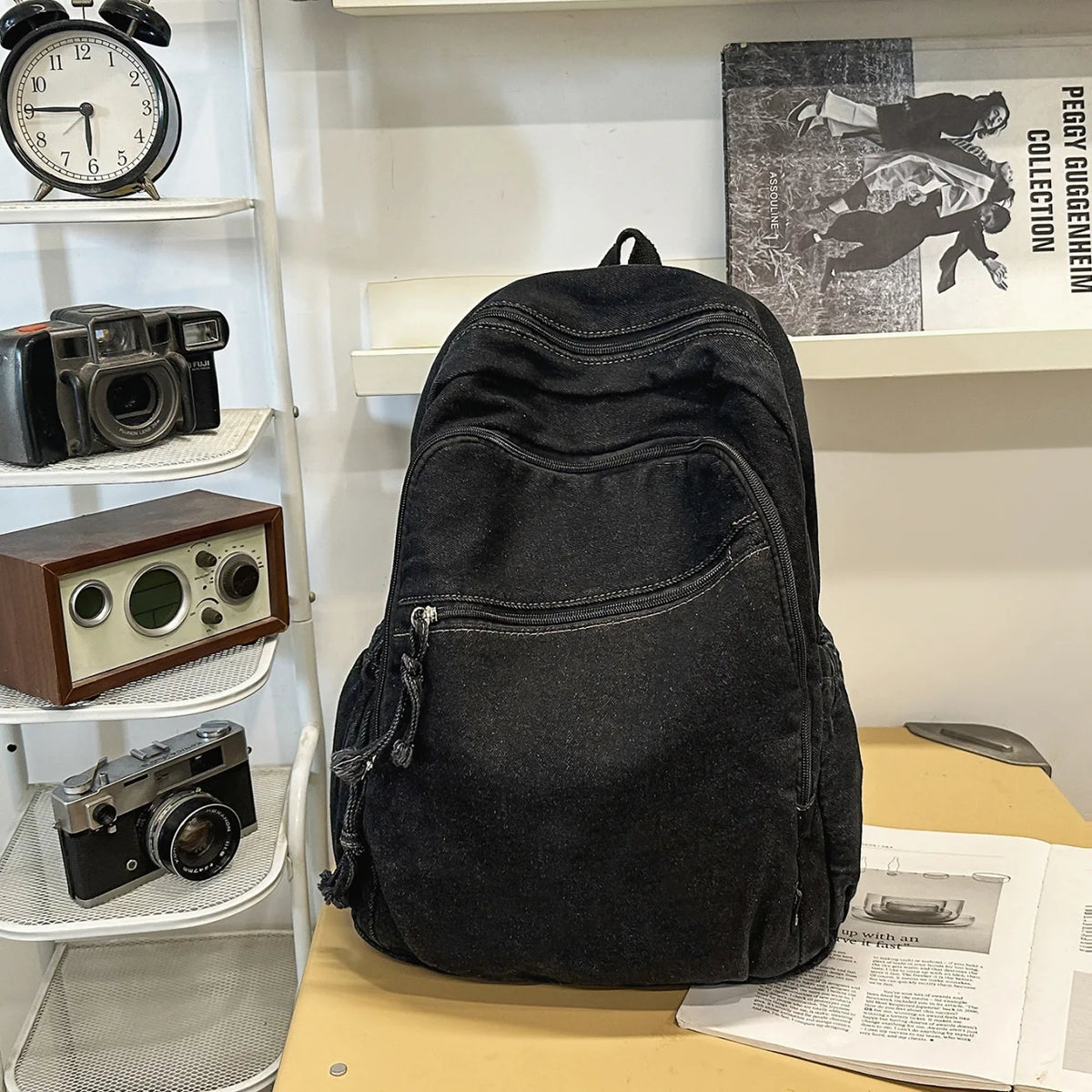 Vintage Denim Backpack – Korean Style Women's Casual Bag Denim Backpack Nixie BB-672-Black 12 inches