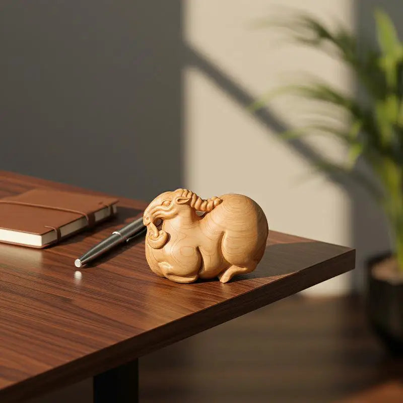 Hand-Carved Thuja Wood Zodiac Sheep Figurine Desk Ornament Wood Carving Figurine Nixie