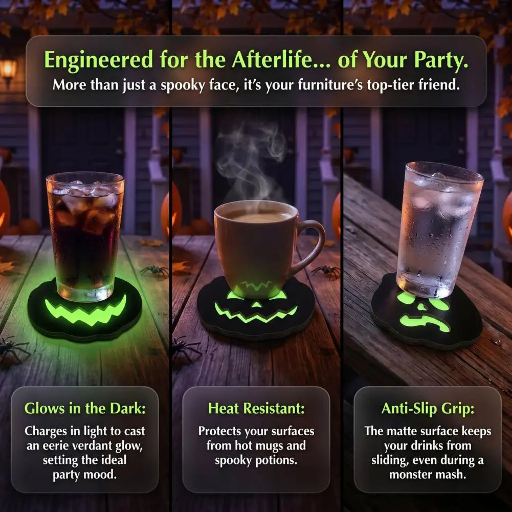 Halloween Glow-in-the-Dark Wooden Coasters – Anti-Slip Drink Mats