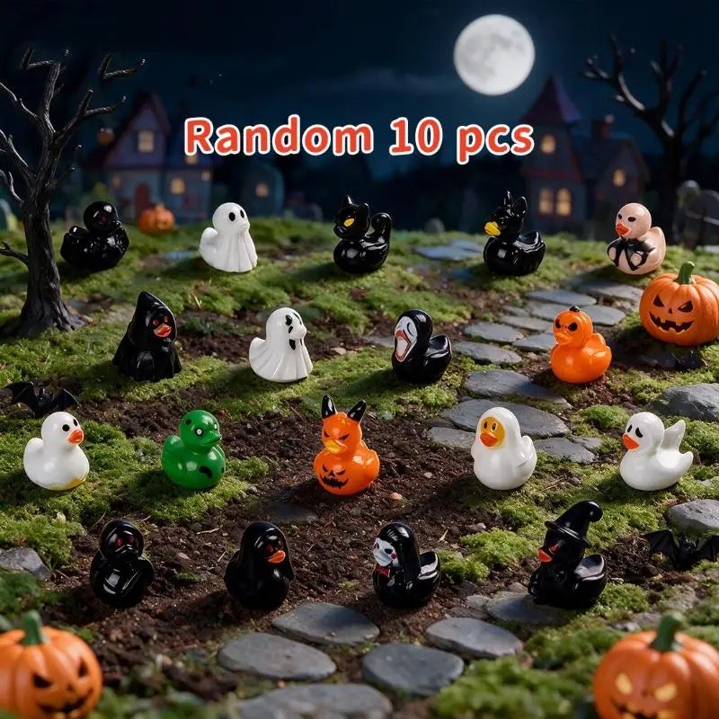 10Pcs Mini Halloween Resin Duck Figurines – Pumpkin & Ghost Halloween Figurines Nixie A19 10PCS