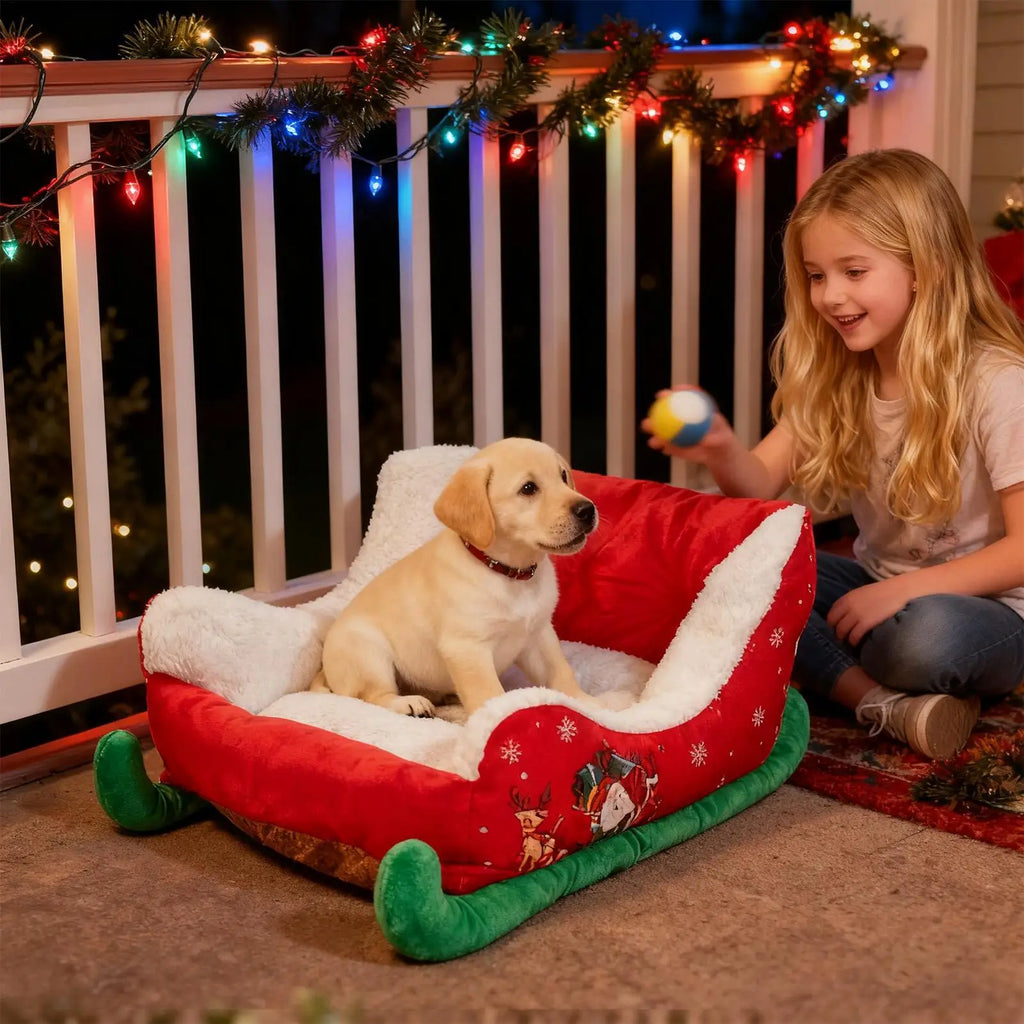Christmas Sled Dog & Cat Bed – Festive Washable Pet Sofa Holiday Pet Bed Nixie