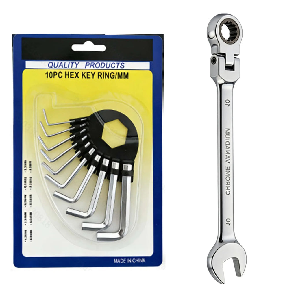 11-Pc Vanadium Steel Wrench Set – Hex Keys & Swivel Ratchet Combination Wrench Set Nixie 11PCS