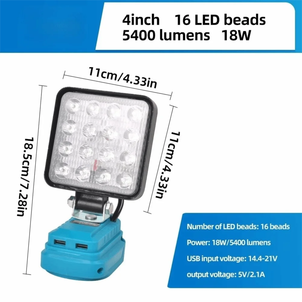 LED Work Light 4/8 Inch for Makita 18V Battery + 2 USB Ports LED Work Light Nixie