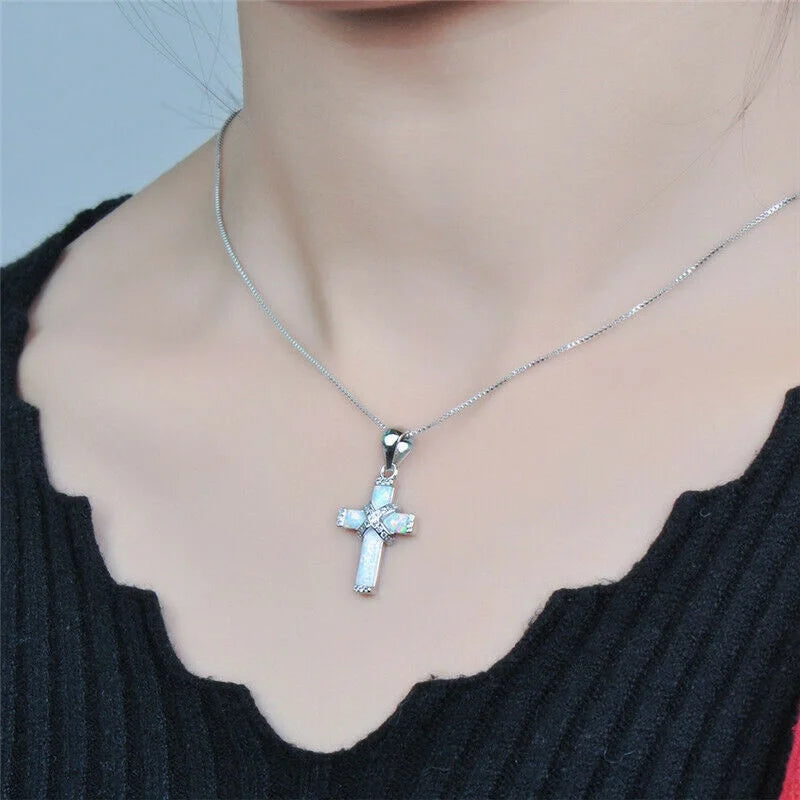 Simulated Opal Cross Pendant Necklace | Silver Women's Jewelry Cross Pendant Necklace Nixie