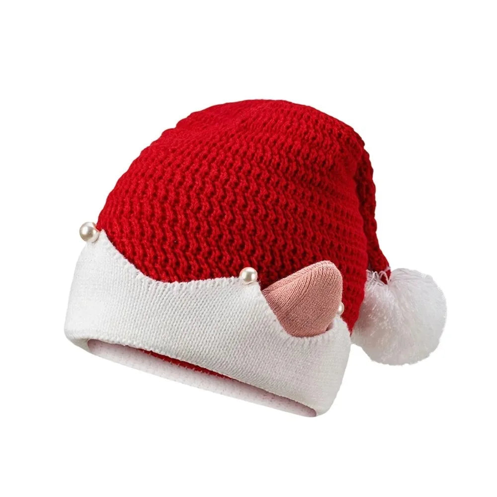Striped Knitted Christmas Hat with Ears & Pom-Pom | Elf Santa Cap