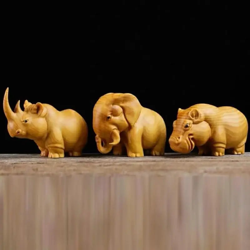 Hand-Carved Rhino Hippo Elephant Figurines – Home Décor Set Animal Figurines Nixie