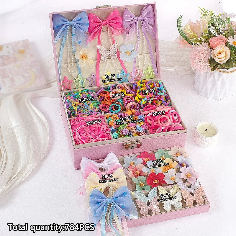 784-Pc Girls Pink Pearl Butterfly Hair Clips & Scrunchies Set Hair Accessories Set Nixie 784PCS-No box