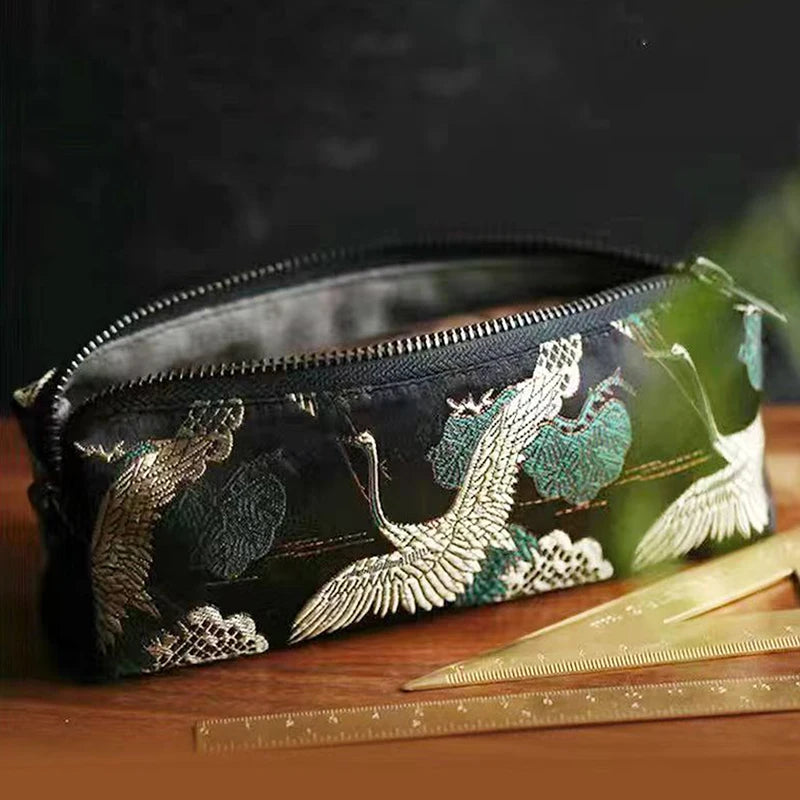Vintage Embroidery Pencil Case Large Capacity Cotton Linen Pouch Embroidery Pencil Case Nixie A1