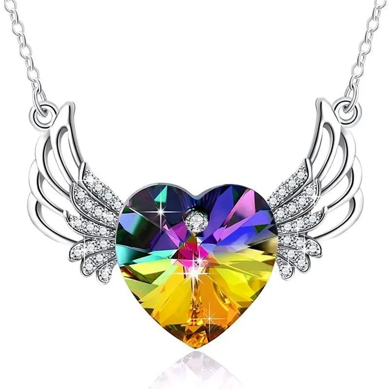 Angel Wing Heart Crystal Pendant Necklace | Mood Tracker Pendant Necklace Nixie