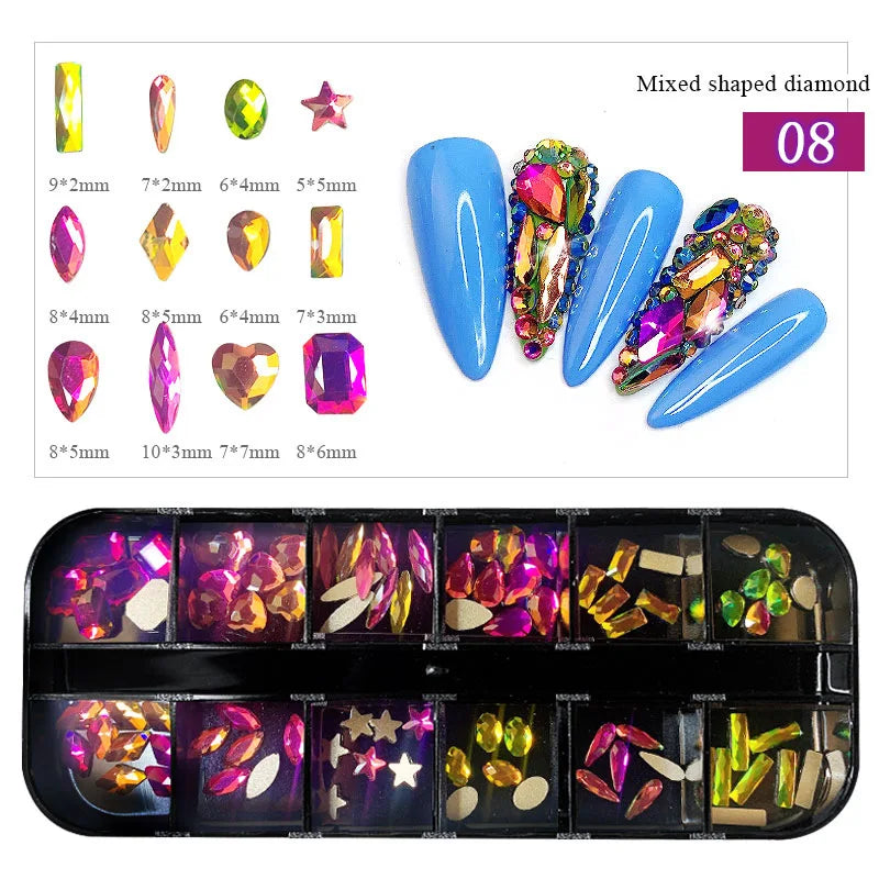 12-Grid Nail Art Rhinestone Kit – 120pc Flat Back Glass Gems Nail Art Rhinestones Nixie 08