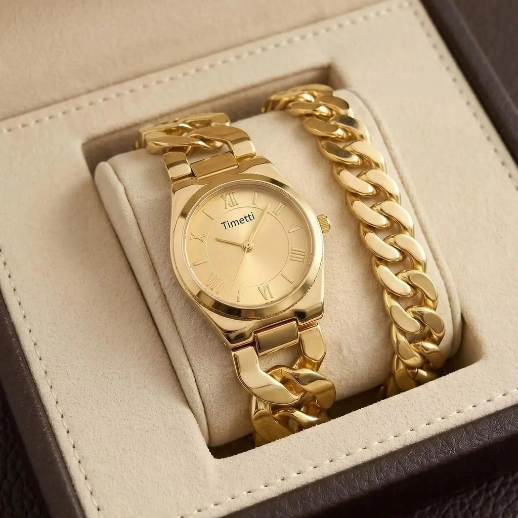 Women's Gold Watch & Bracelet Set | Quartz Roman Numeral Watch & Bracelet Set Nixie