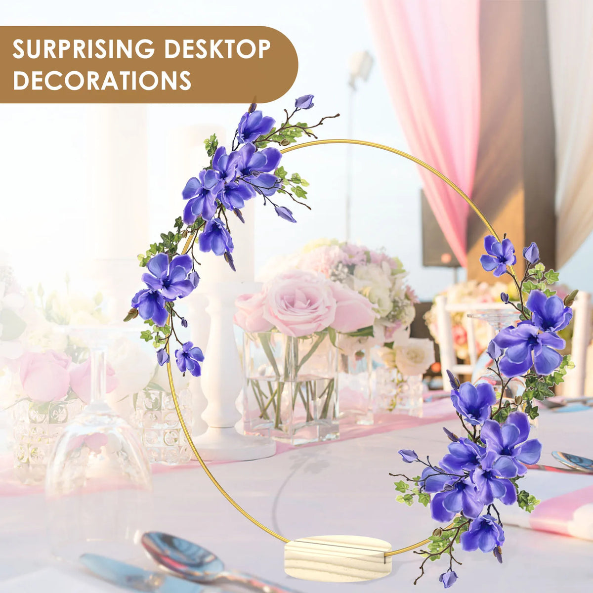 12-Pack Gold Metal Floral Hoops with Round Wood Stands Floral Hoop Set Nixie
