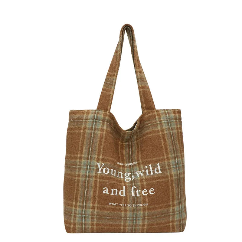 Retro Plaid Color-Block Tote Bag with Letter Embroidery Shoulder Tote Bag Nixie