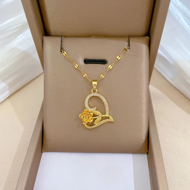 Rose Heart Pendant Necklace – Gold Stainless Steel Choker Pendant Necklace Nixie