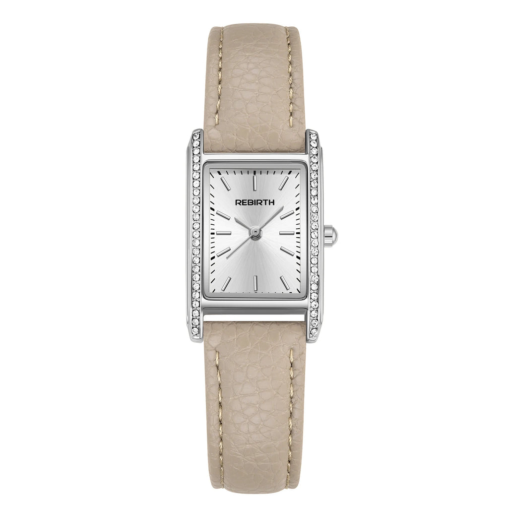 REBIRTH Women's Slim Square Dial Quartz Watch – Leather Strap Women's Quartz Watch Nixie Ivory