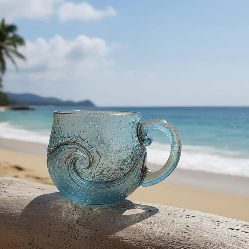 Sea Glass Wave Mug 12 oz – Handblown Ocean Wave Glass Cup Glass Mug Nixie