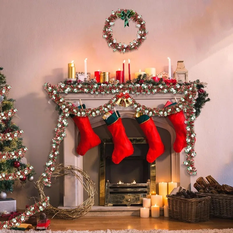 6.6FT Red Green Tinsel Garland with Snowman Ornaments | Xmas Decor Christmas Tinsel Garland Nixie
