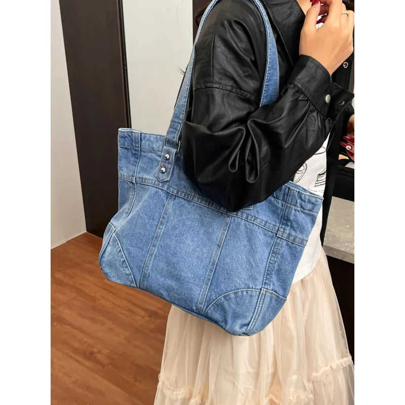 Retro Washed Denim Large-Capacity Shoulder Tote Bag | Women Denim Shoulder Tote Nixie