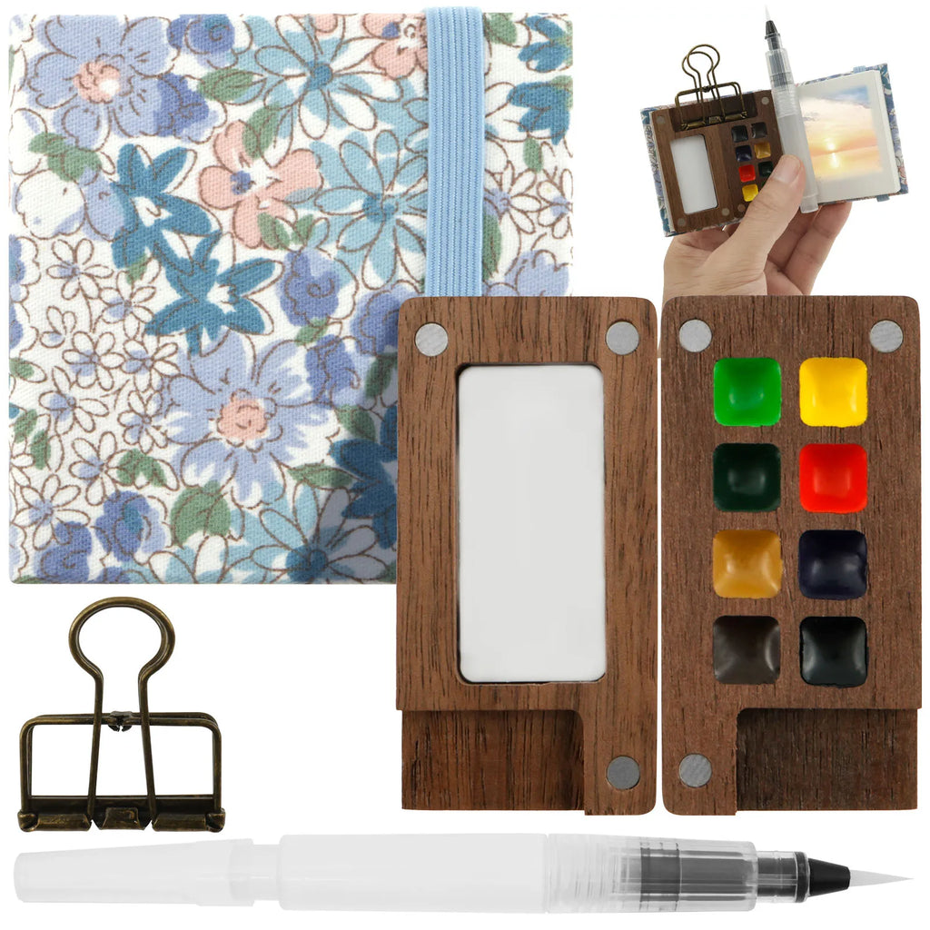 Mini Travel Watercolor Palette Set | 8-Grid Wood Palette & Sketchbook Watercolor Palette Set Nixie