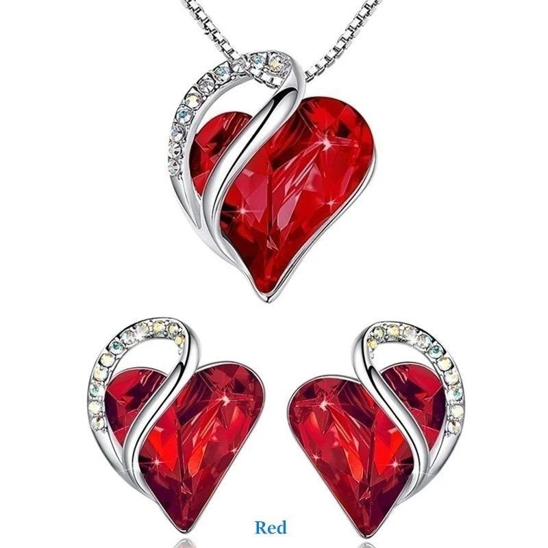 925 Silver Plated Heart Crystal Earrings & Necklace Set | Nixie Crystal Jewelry Set Nixie