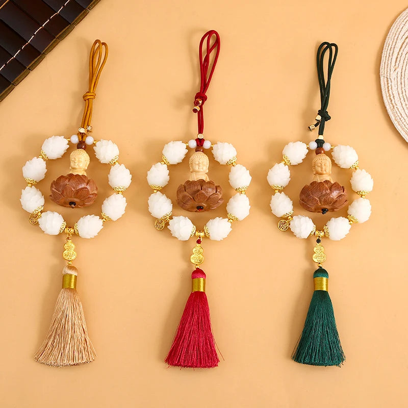 Buddha Lotus Tassel Car Rearview Mirror Pendant – Good Luck Car Mirror Ornament Nixie